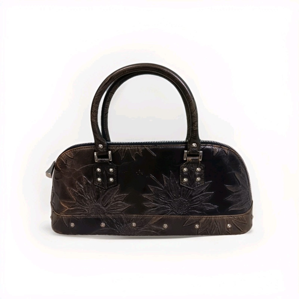 Besso Black Brown Leather Satchel Handbag Embossed Sunflower Tooled Floral Purse